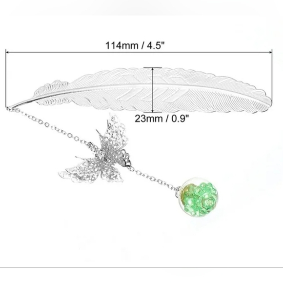 Metal feather bookmark with a butterfly pendant, New In Box - Picture 4 of 4